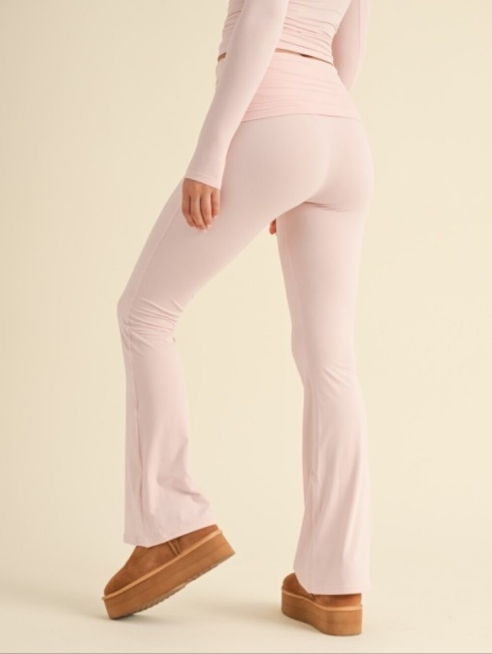 Soft Pink Fold Over Flare Leggings - Picture 2 of 6